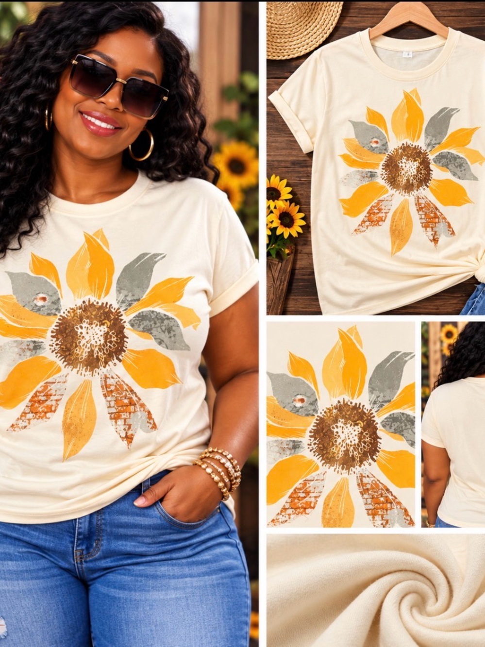 Cream Sunflower Graphic Tee - Women’s Short Sleeve Crewneck